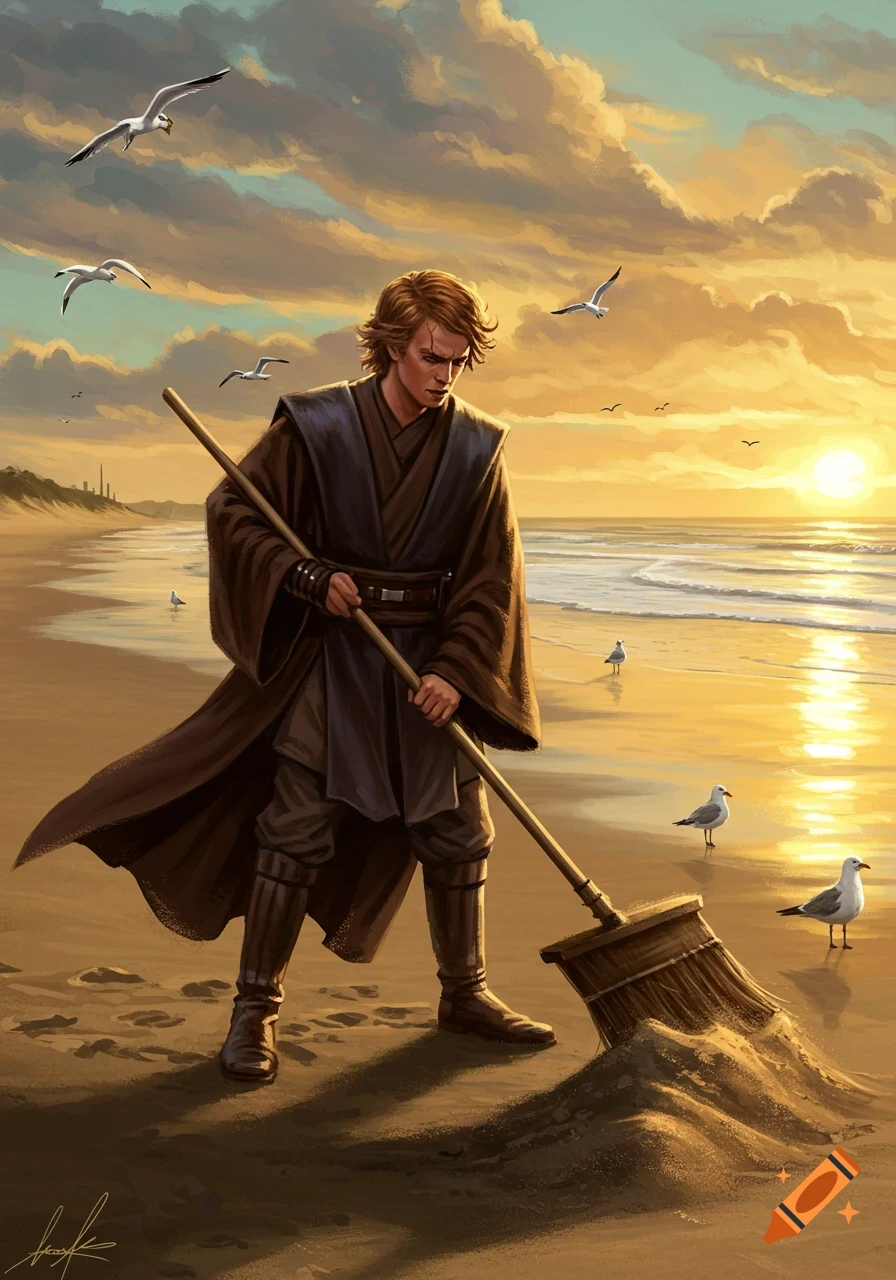 Anakin Skywalker sweeps sand on a beach at sunset, with seagulls. Digital painting style.