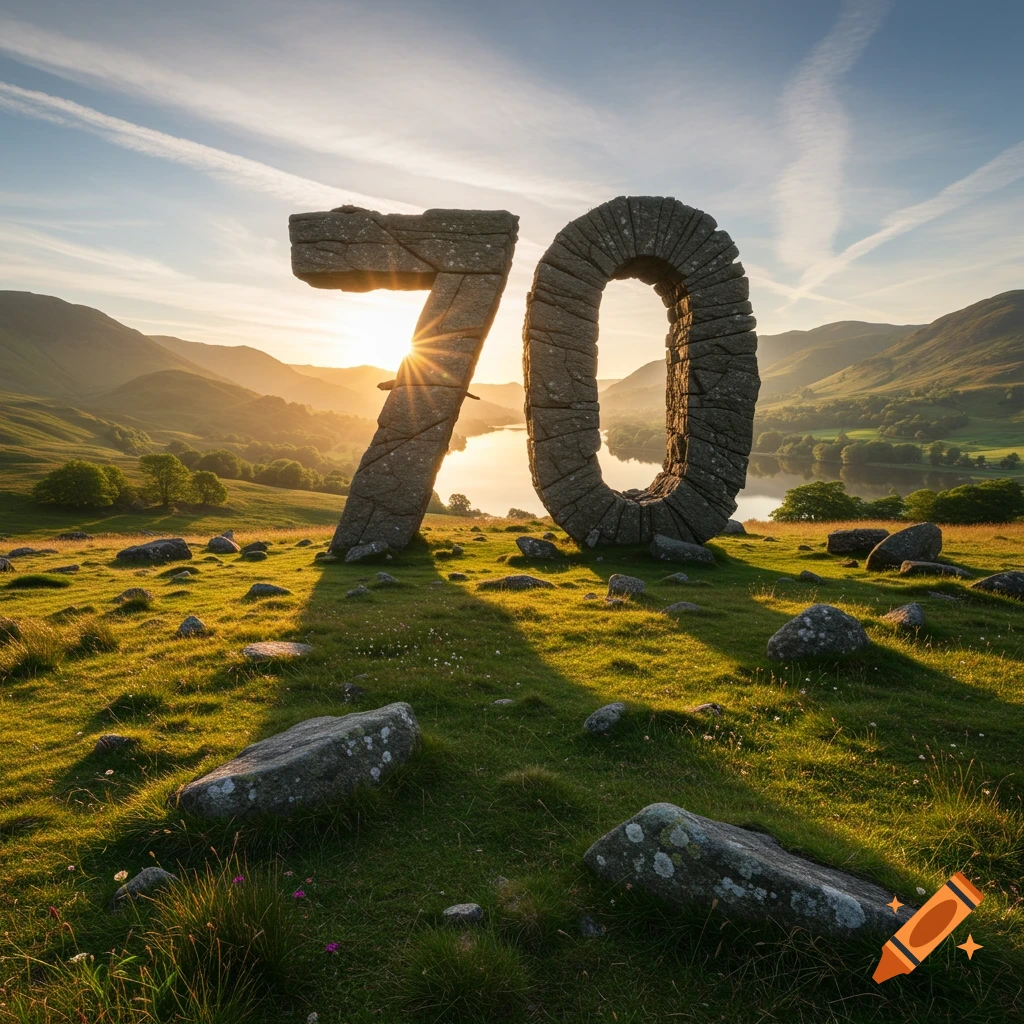 Stone formation of the number 70 in a green, rocky field with a lake and mountains at sunset.