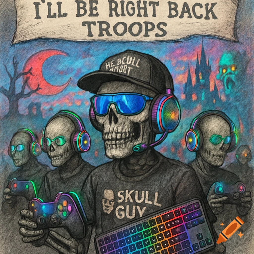 A stylized sketch of a skeleton gamer in sunglasses and a cap, with other skeletons holding controllers, set against a horror background. A banner reads 'I'LL BE RIGHT BACK TROOPS'.