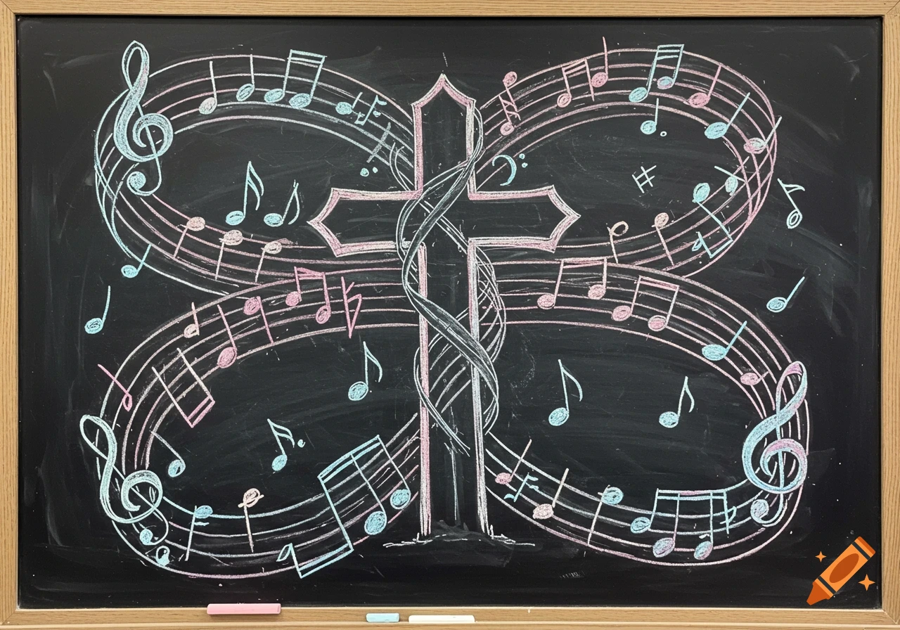 A chalkboard drawing featuring a Christian cross surrounded by music notes, staffs, and treble clefs in colorful chalk.