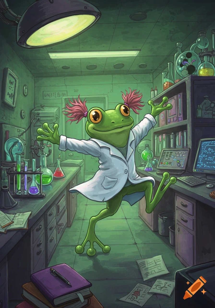 A cartoon frog with pink pigtails and a white lab coat dancing joyfully in a green-toned science laboratory with beakers and equipment.