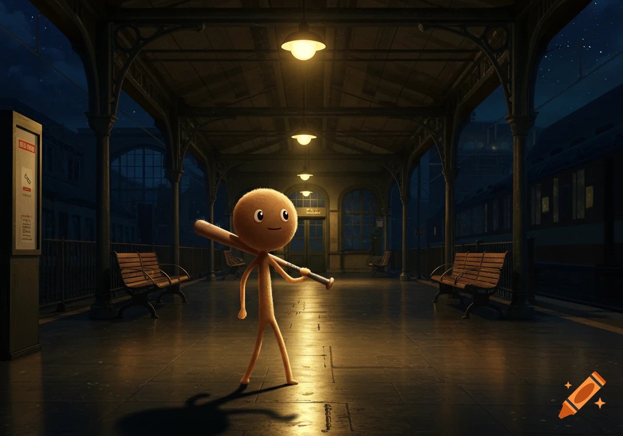 A smiling light brown stick character holding a baseball bat stands on a dimly lit train station platform at night.