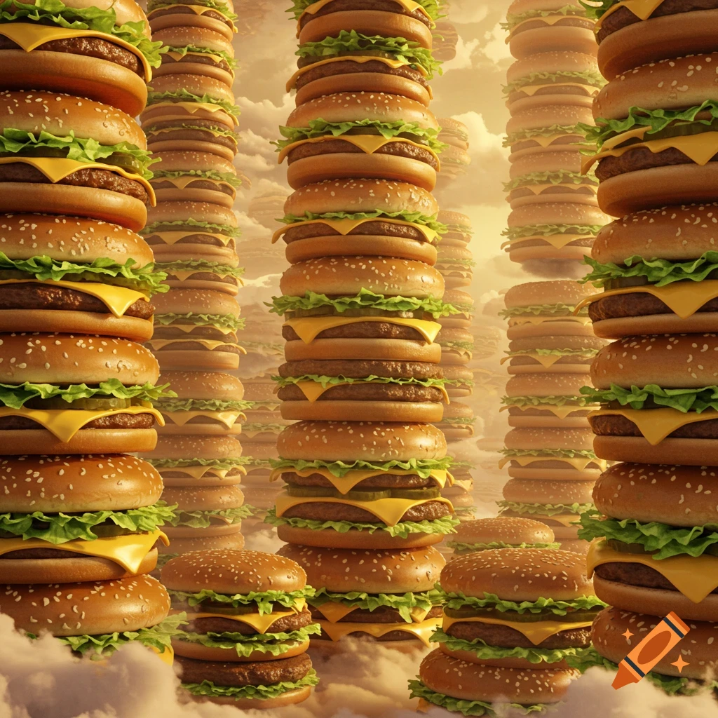 Photorealistic image of countless towering hamburgers stacks rising through a cloudy sky.
