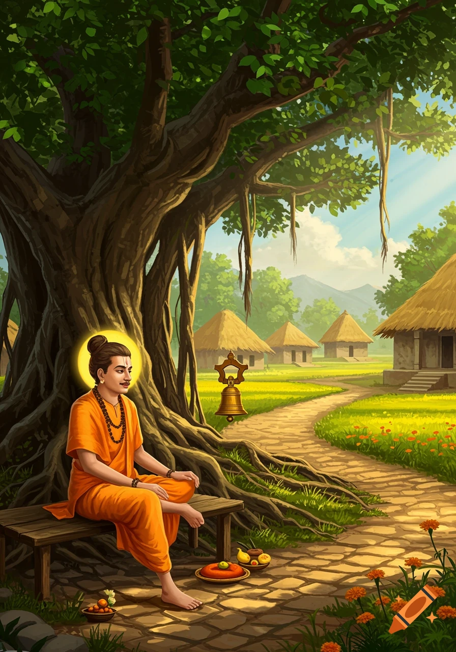 A Hindu man with a halo sits smiling under a large banyan tree in a sunny, green village with thatched-roof huts.