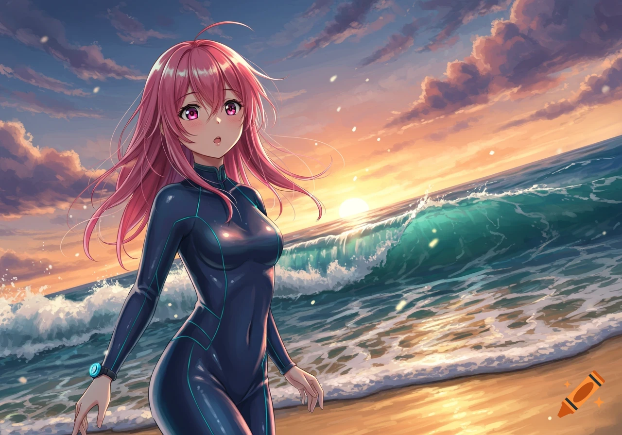Anime girl with pink hair in a black wetsuit stands on a beach at sunset with waves crashing.