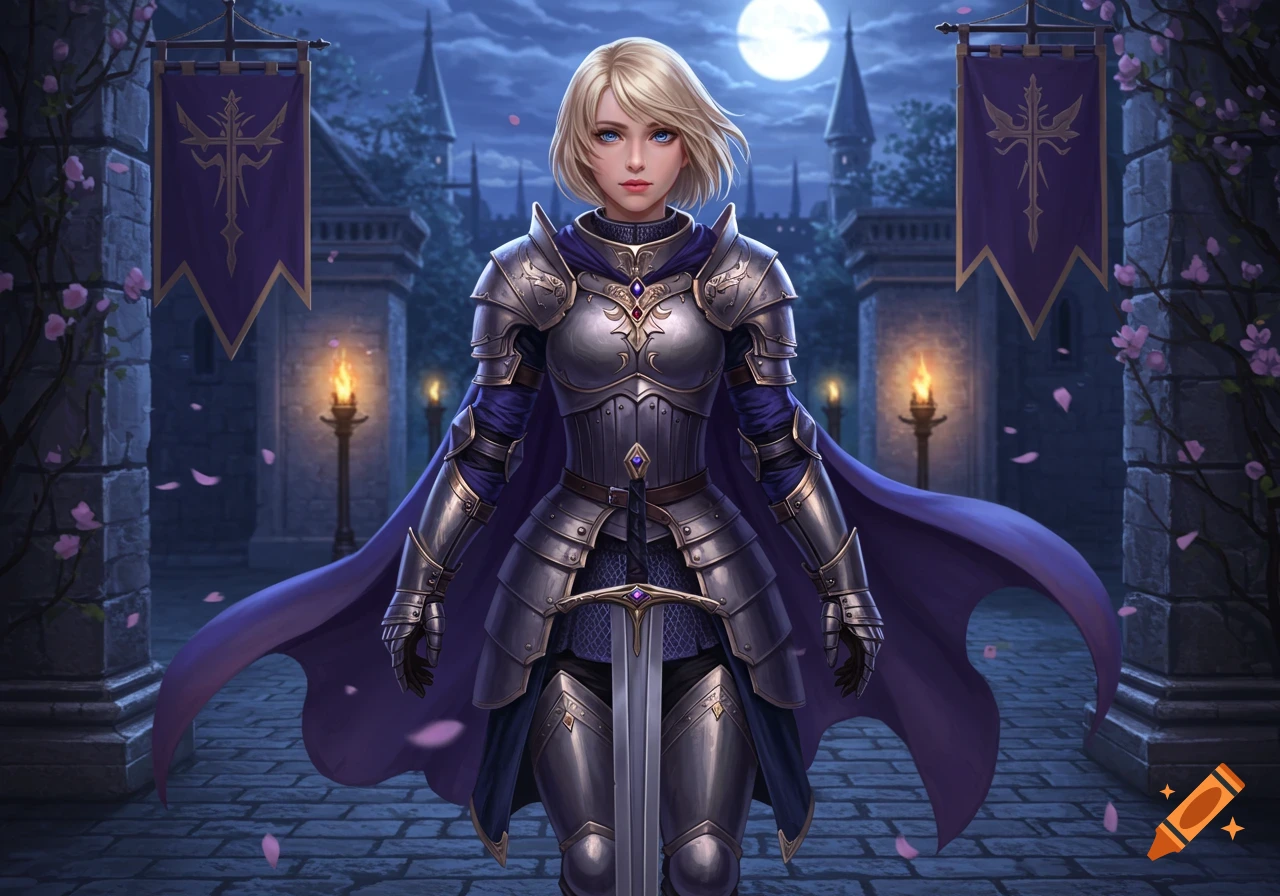 A blonde female knight in ornate silver armor and a purple cape stands in a moonlit castle courtyard.