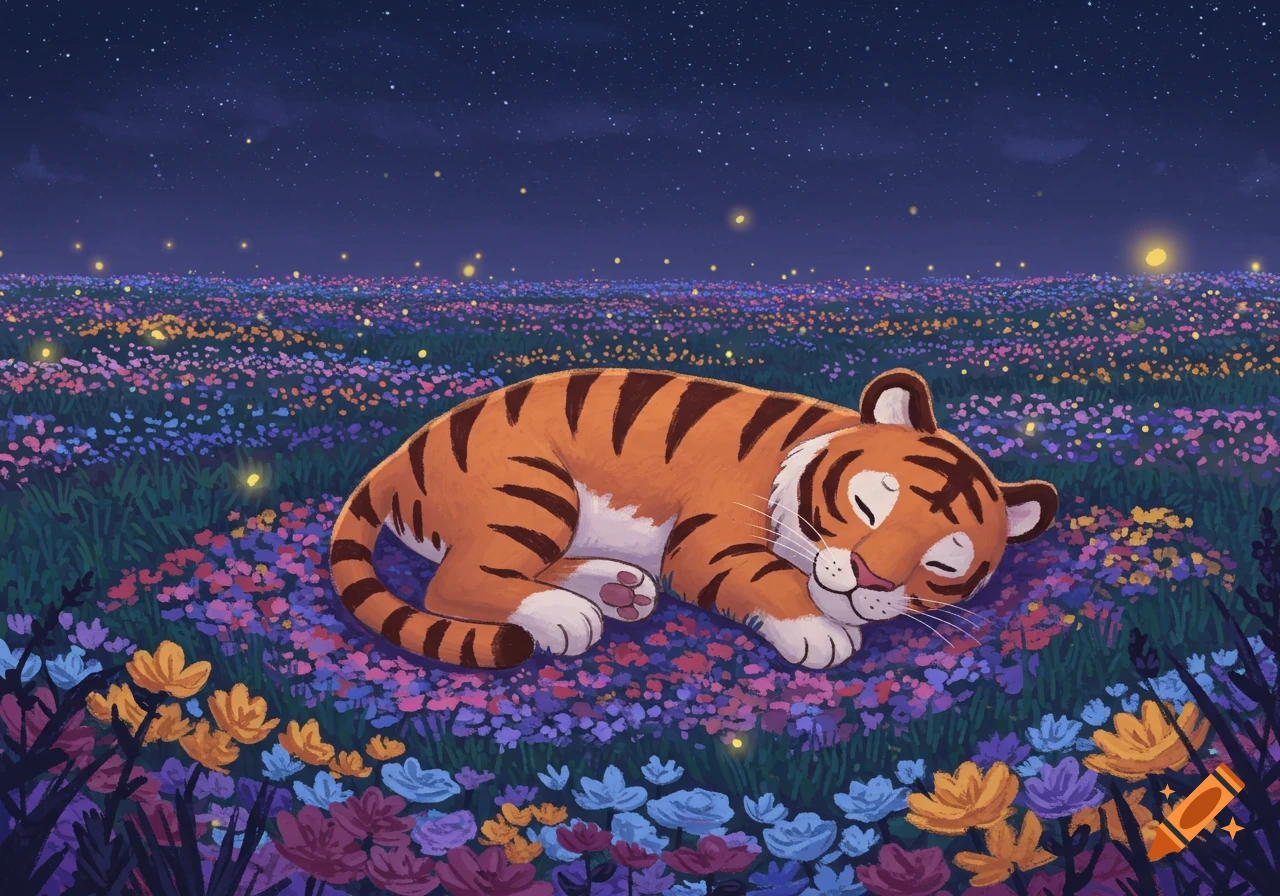 A cartoon tiger sleeping peacefully in a vibrant field of colorful flowers under a starry night sky with fireflies.