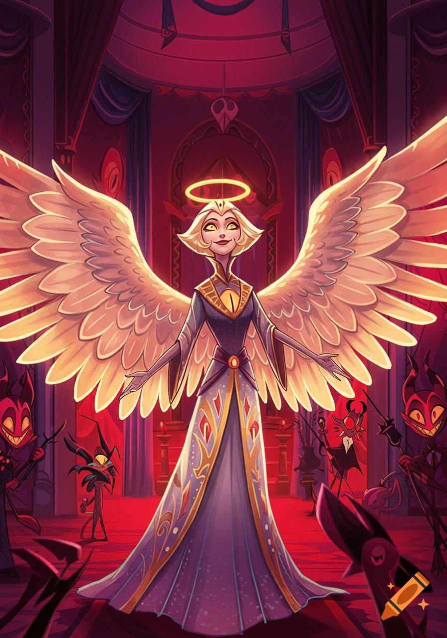 A stylized angel with large golden wings and a halo stands confidently in a lavish red room, surrounded by cartoonish demon figures.