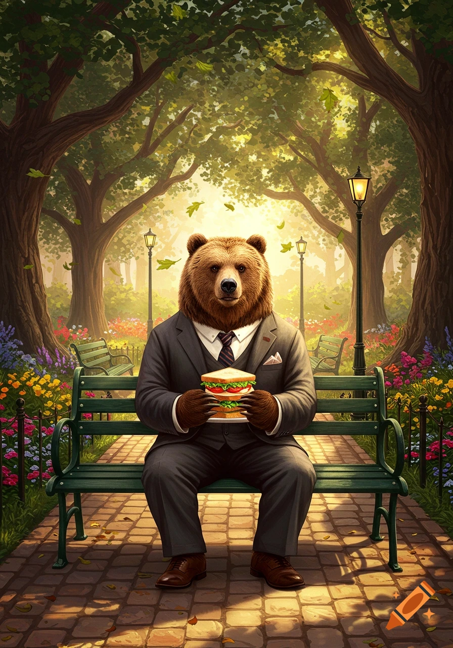 A brown bear in a suit sits on a park bench, holding a sandwich. Sunlight filters through lush green trees onto colorful flowers.