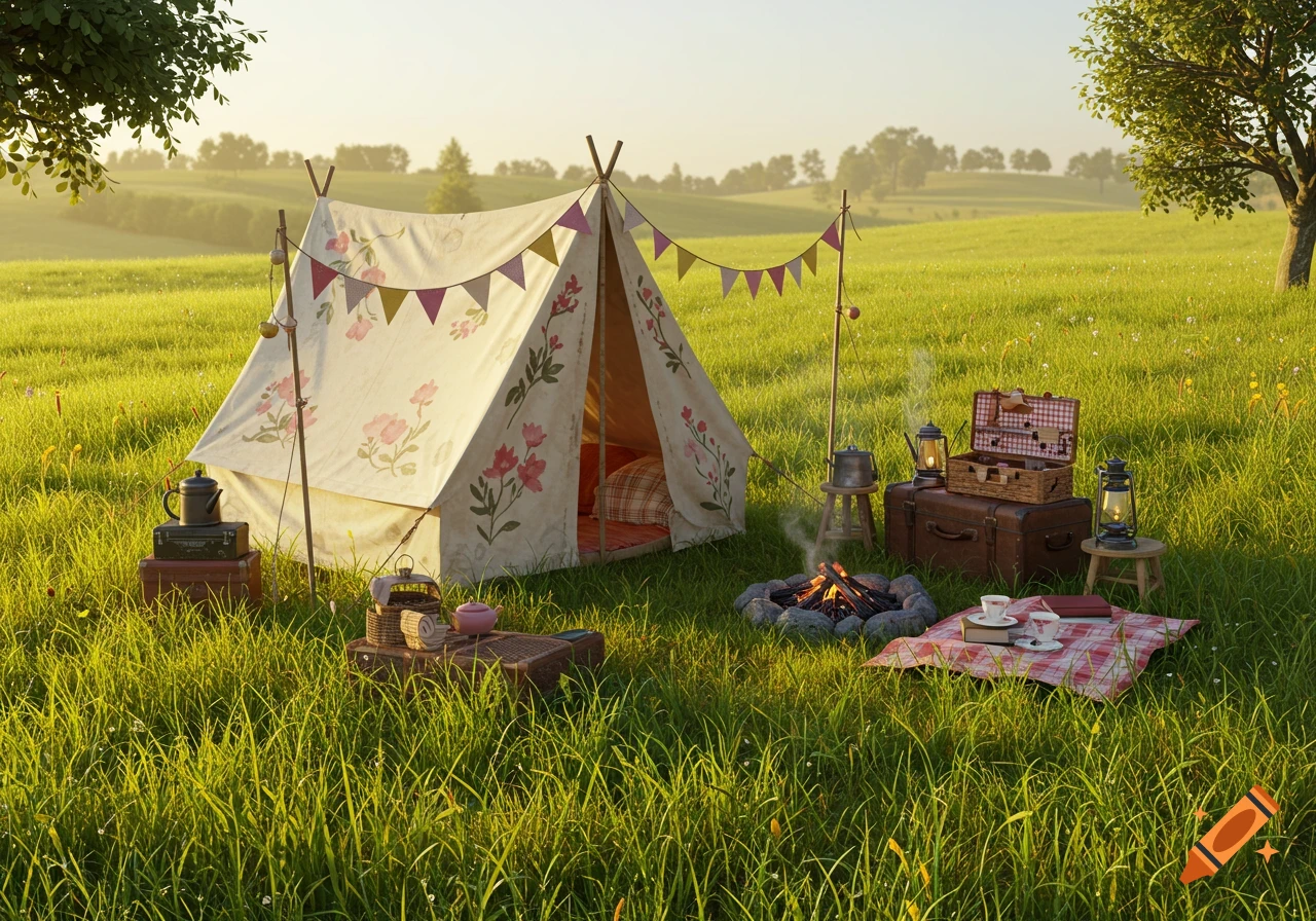 A stylized bell tent with floral patterns and colorful bunting stands in a sunny, green field with a campfire, lanterns, and a picnic blanket.