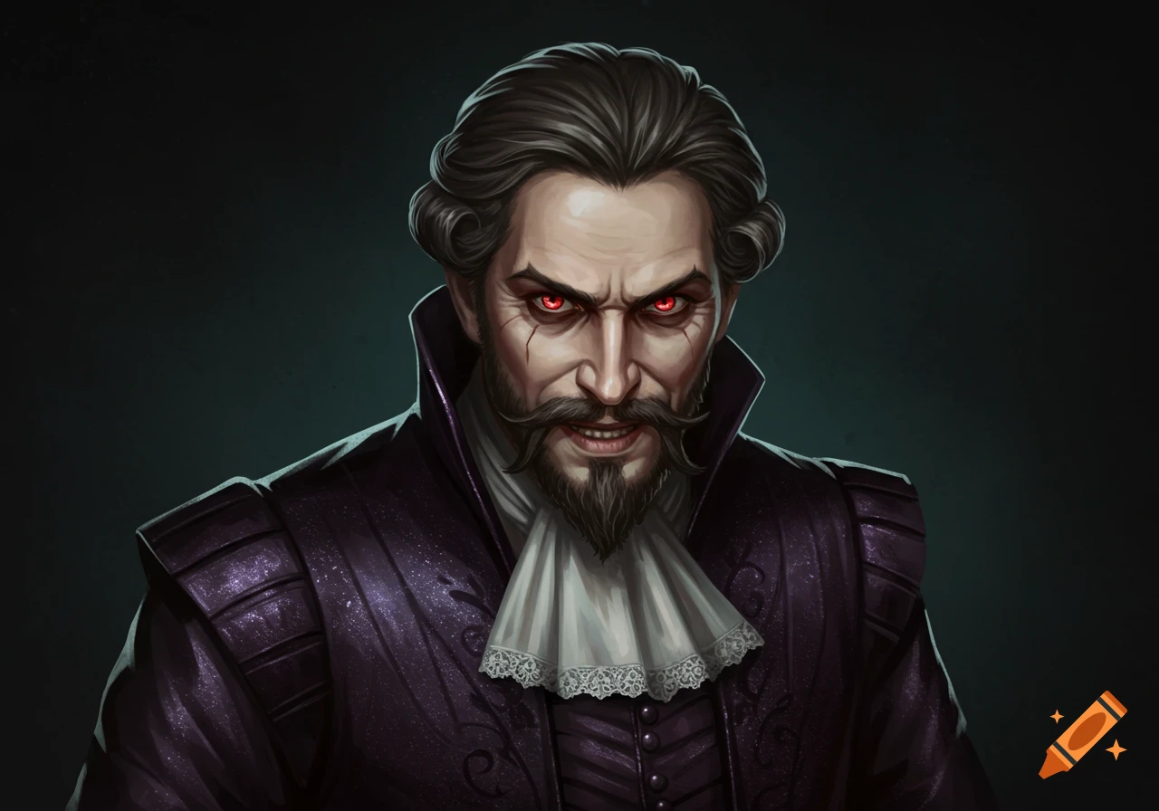 A digital painting of a man with a Van Dyke beard, red eyes, and a sinister grin, wearing purple Shakespearean clothing.