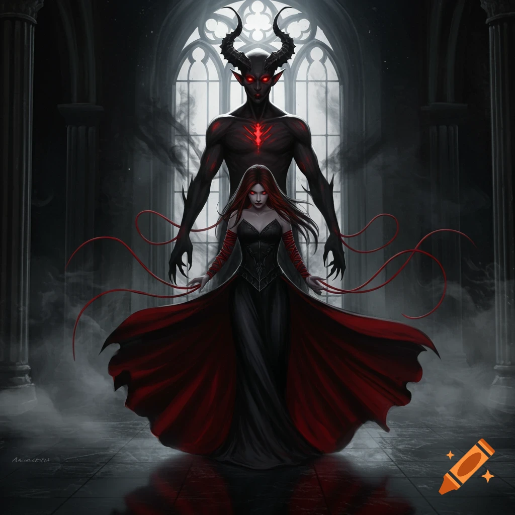 A dark fantasy image depicts a horned demon with red eyes behind a woman in a black dress with red hair and cape, in a gothic hall.