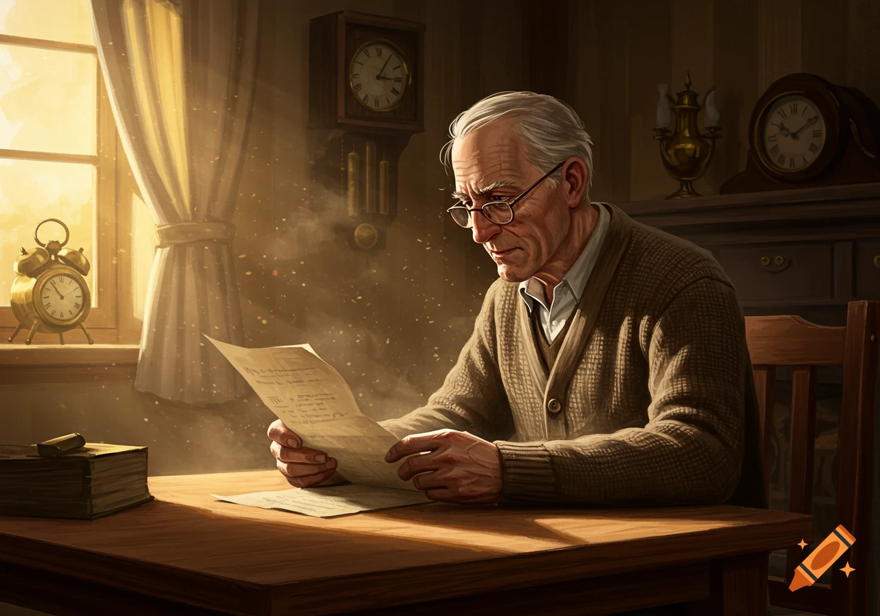 An elderly man in glasses and a cardigan sits at a table, intently reading a document in a warm, sunlit room.