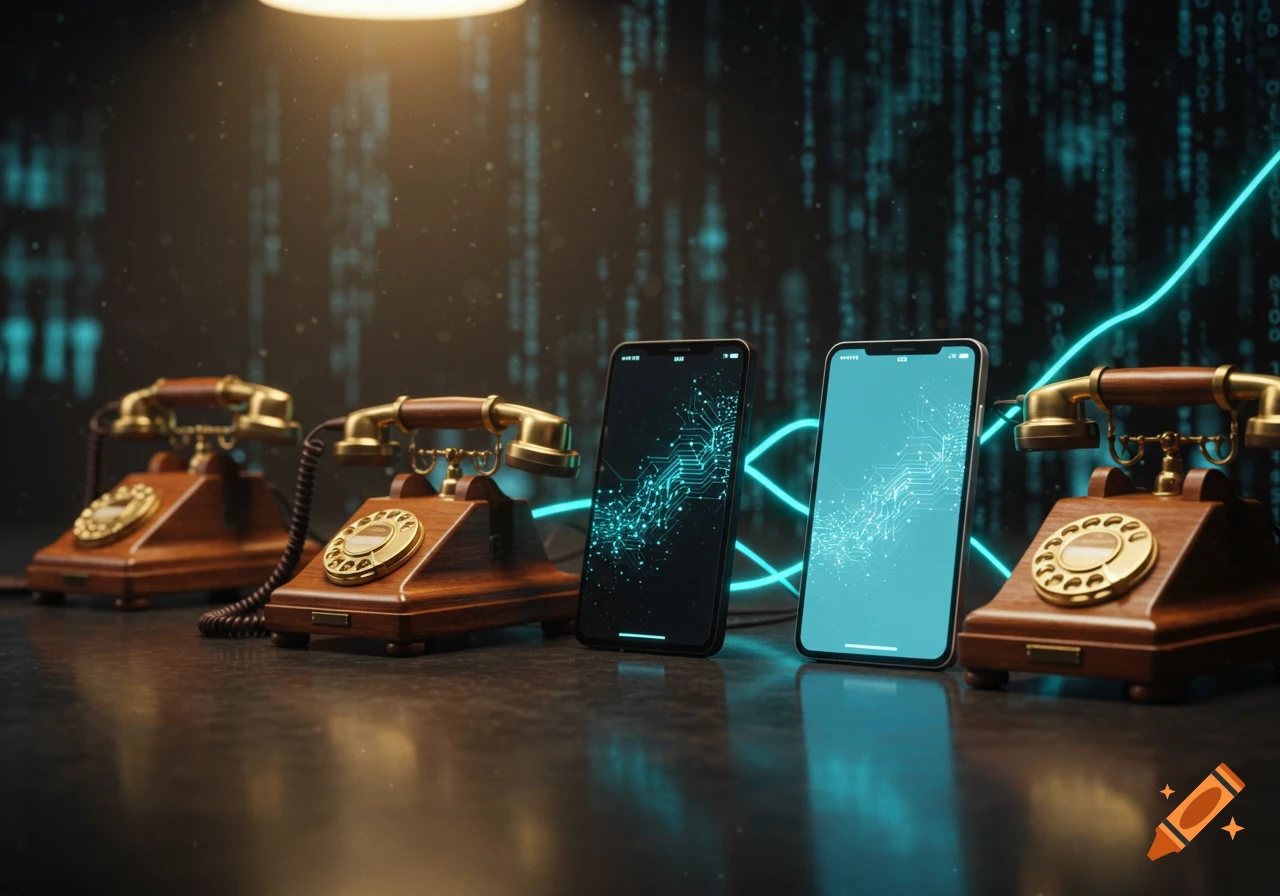 A row of four phones, alternating between antique rotary phones and modern smartphones, on a dark surface with a digital background and glowing blue lines.