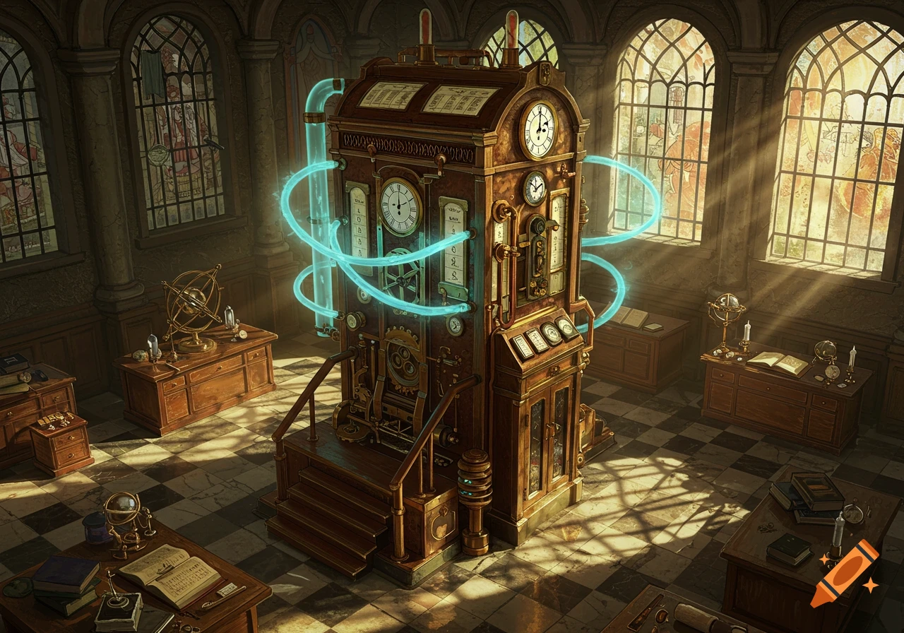 An elaborate steampunk time machine with glowing blue rings stands in a grand, high-ceilinged room filled with light streaming through arched windows and scientific instruments on wooden desks.