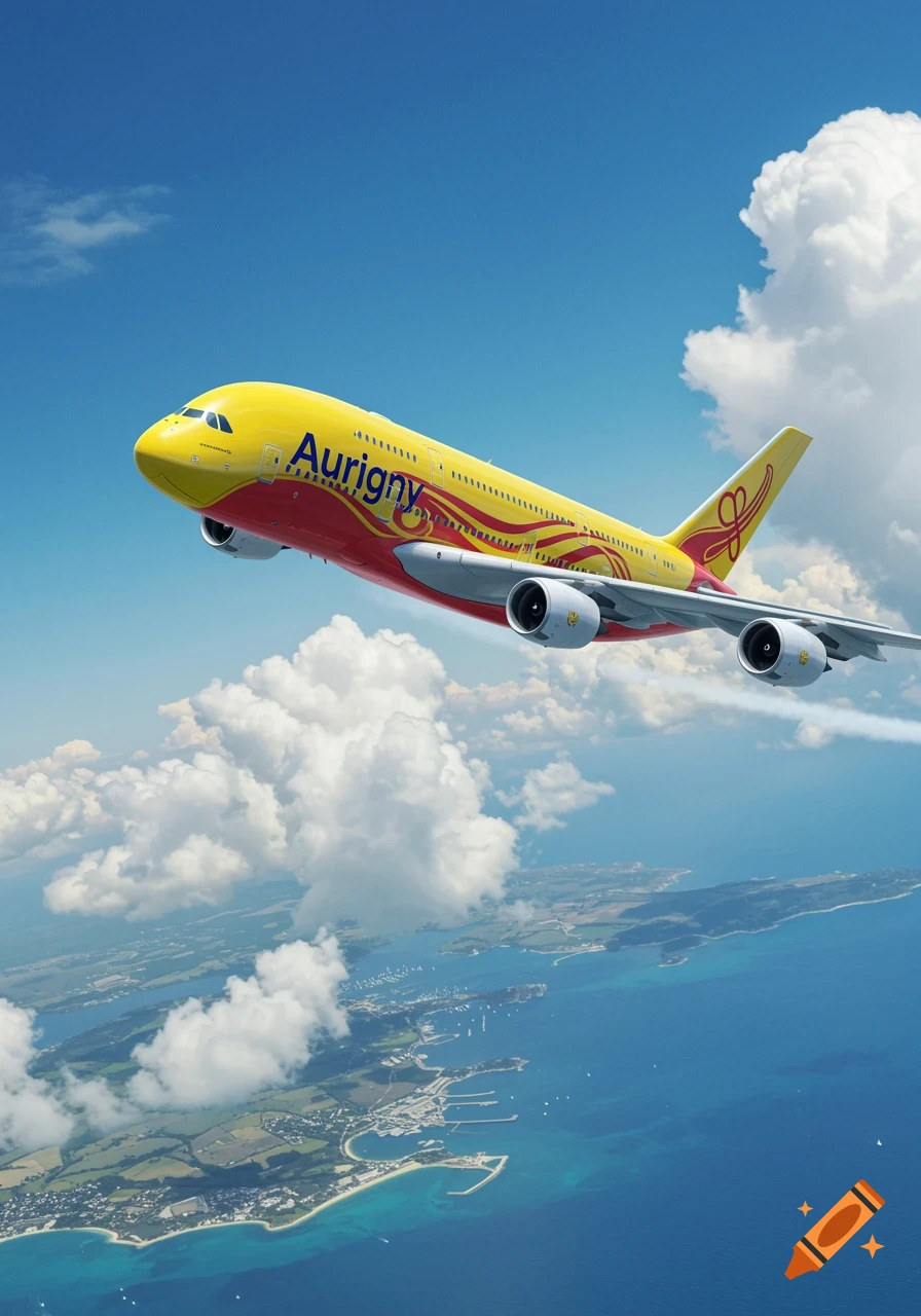 A yellow and red Airbus A380 airplane with 'Aurigny' text flying over a sunny island landscape.