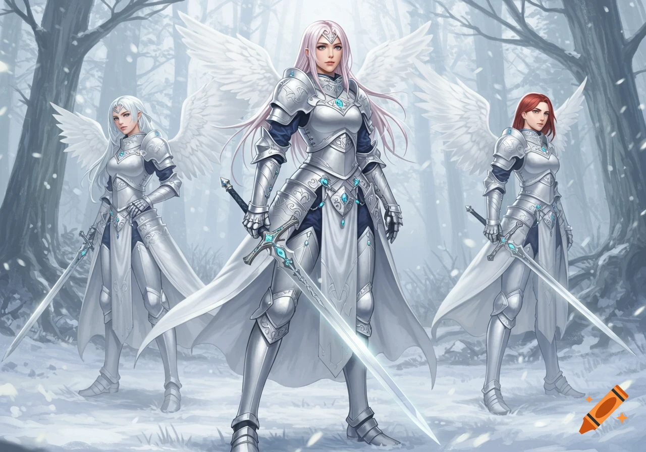 Three anime-style female warriors in silver armor with wings stand in a snowy forest, holding swords.
