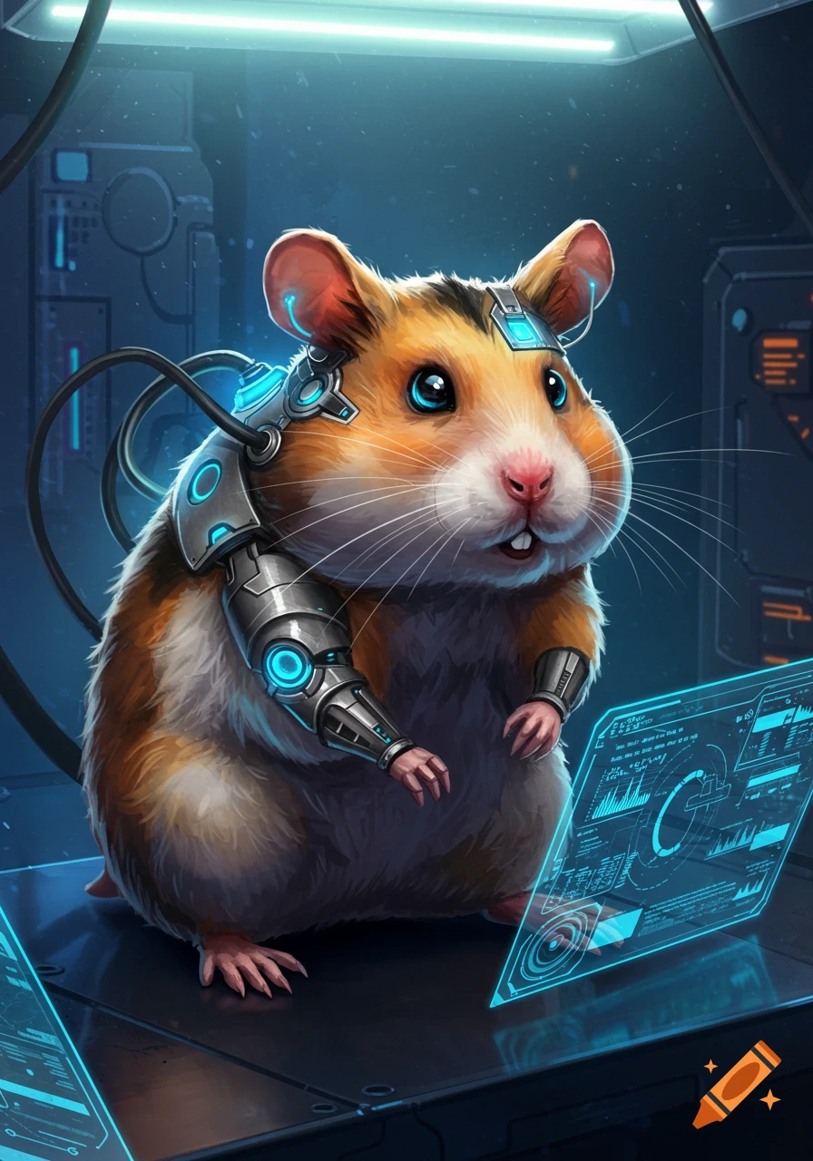 A fluffy, orange and white cyborg hamster with glowing blue implants looks at a futuristic holographic screen filled with data in a dark, tech-filled lab.