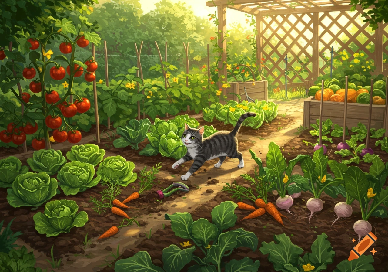 A playful gray tabby cat prances through a sunny garden filled with cabbages, tomatoes, carrots, and radishes.
