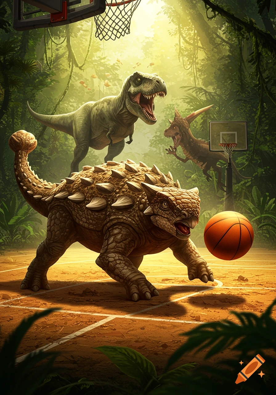 Ankylosaurus dribbling a basketball past a roaring T-rex and another dinosaur on a jungle basketball court, detailed illustration.