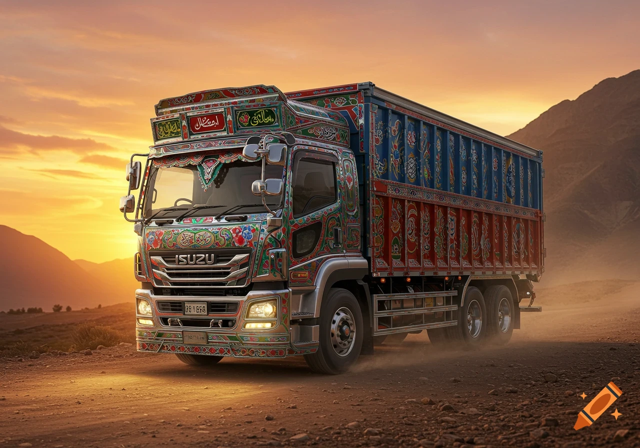 A colorful, intricately decorated Isuzu semi-truck in the style of Pakistani truck art, driving on a dirt road at sunset.