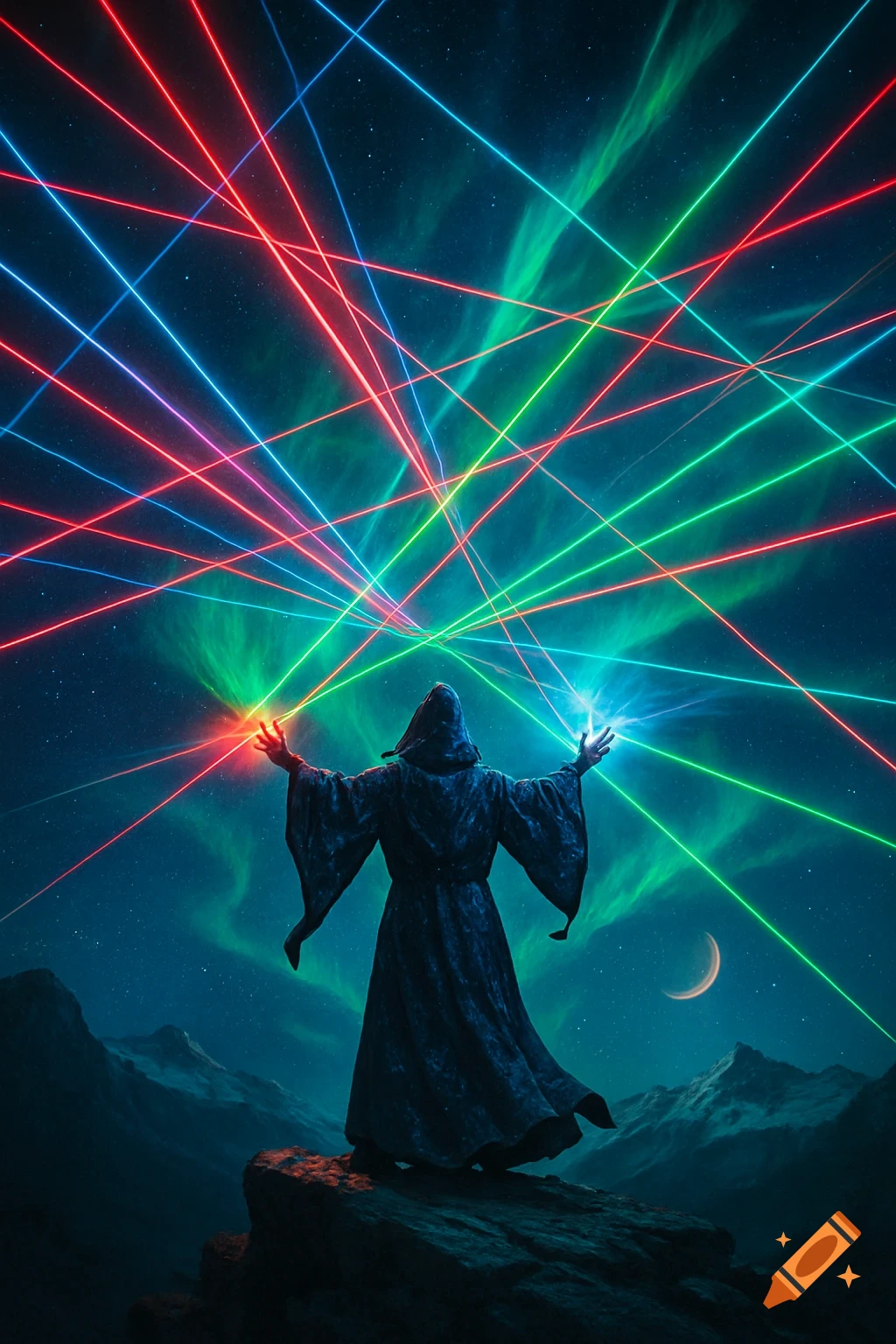 A cloaked wizard stands on a mountain peak under a starry night sky with a green aurora and crescent moon, projecting vibrant red, blue, and green laser beams.