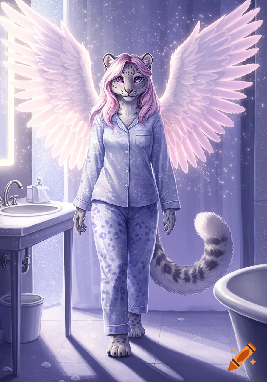 An anthropomorphic snow leopard with pink hair and white wings wears blue snowflake pajamas in a detailed bathroom setting.