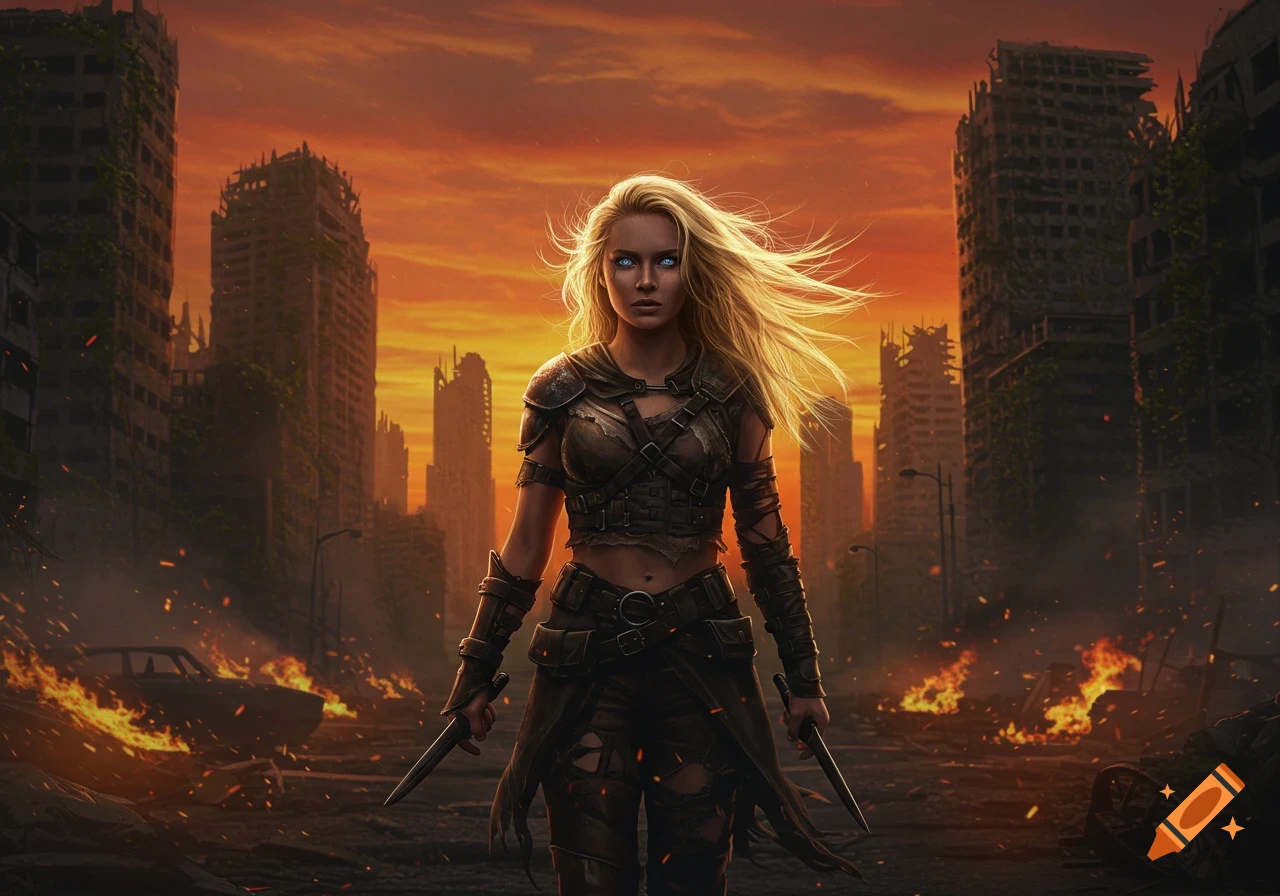 A blonde woman in battle armor holds knives in a burning post-apocalyptic city at sunset, digital art.