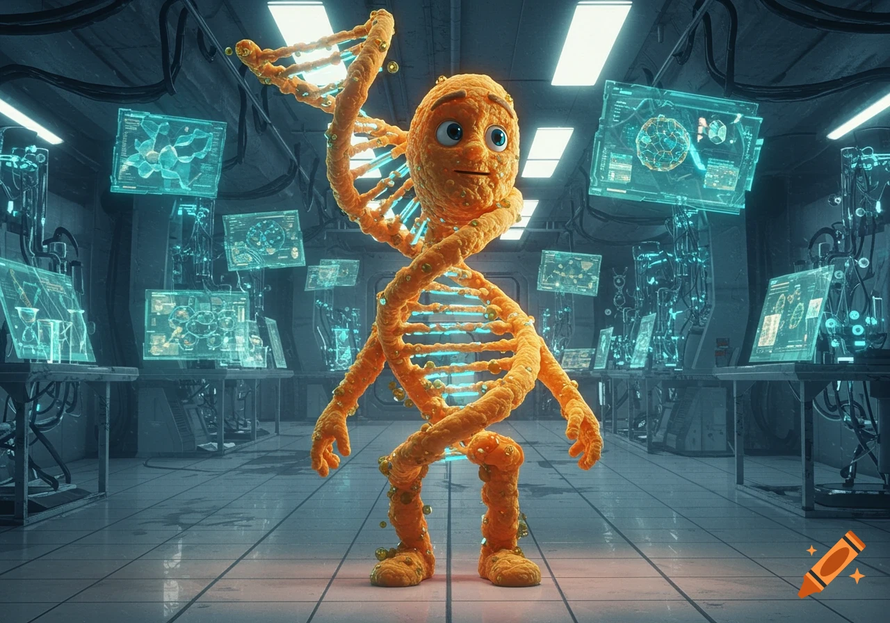 A cartoon character resembling a DNA strand, named Mr. DNA, stands in a futuristic science laboratory with glowing blue screens.