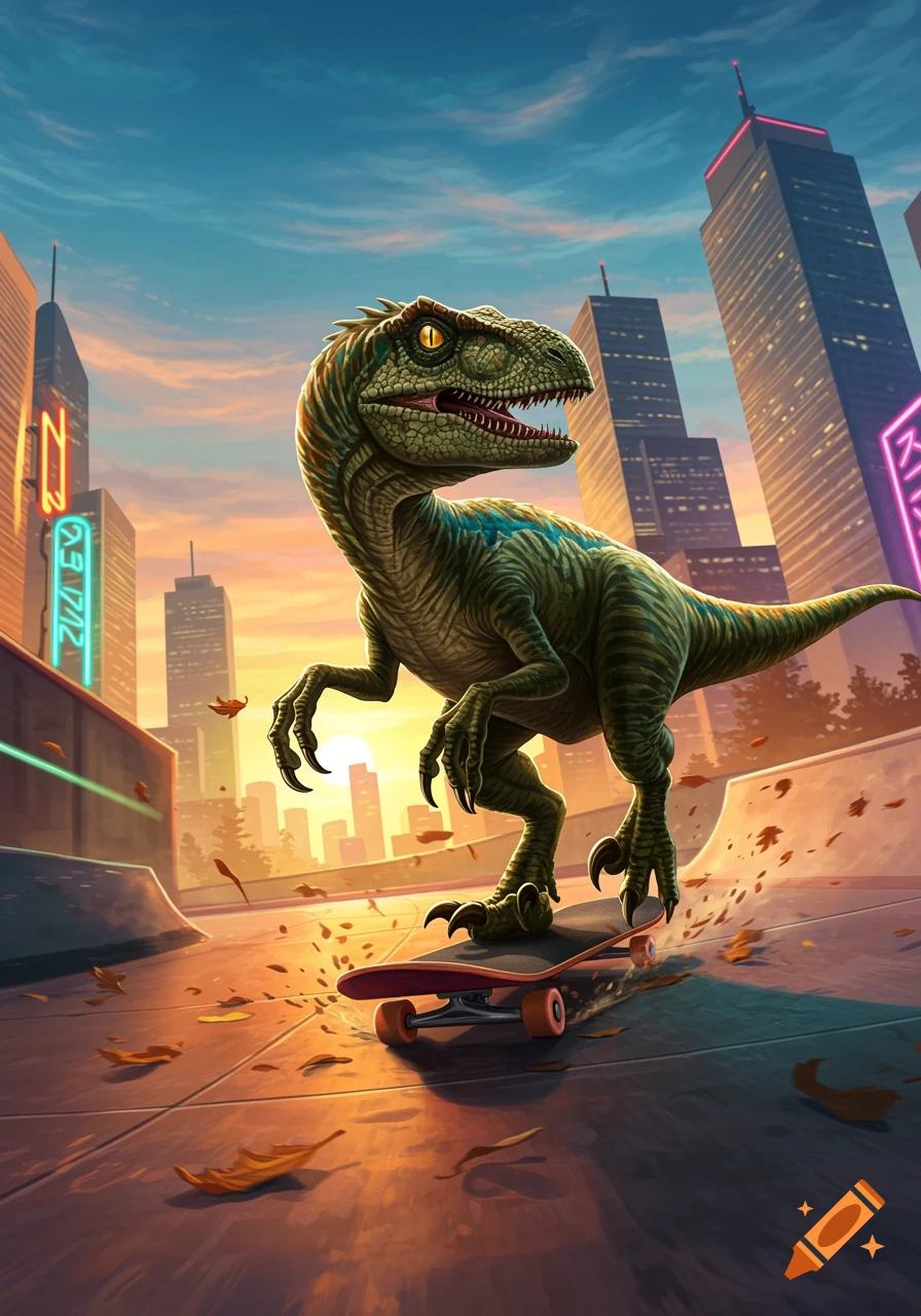 A stylized green dinosaur with blue stripes rides a skateboard on a city rooftop at sunset, surrounded by tall buildings with neon lights.