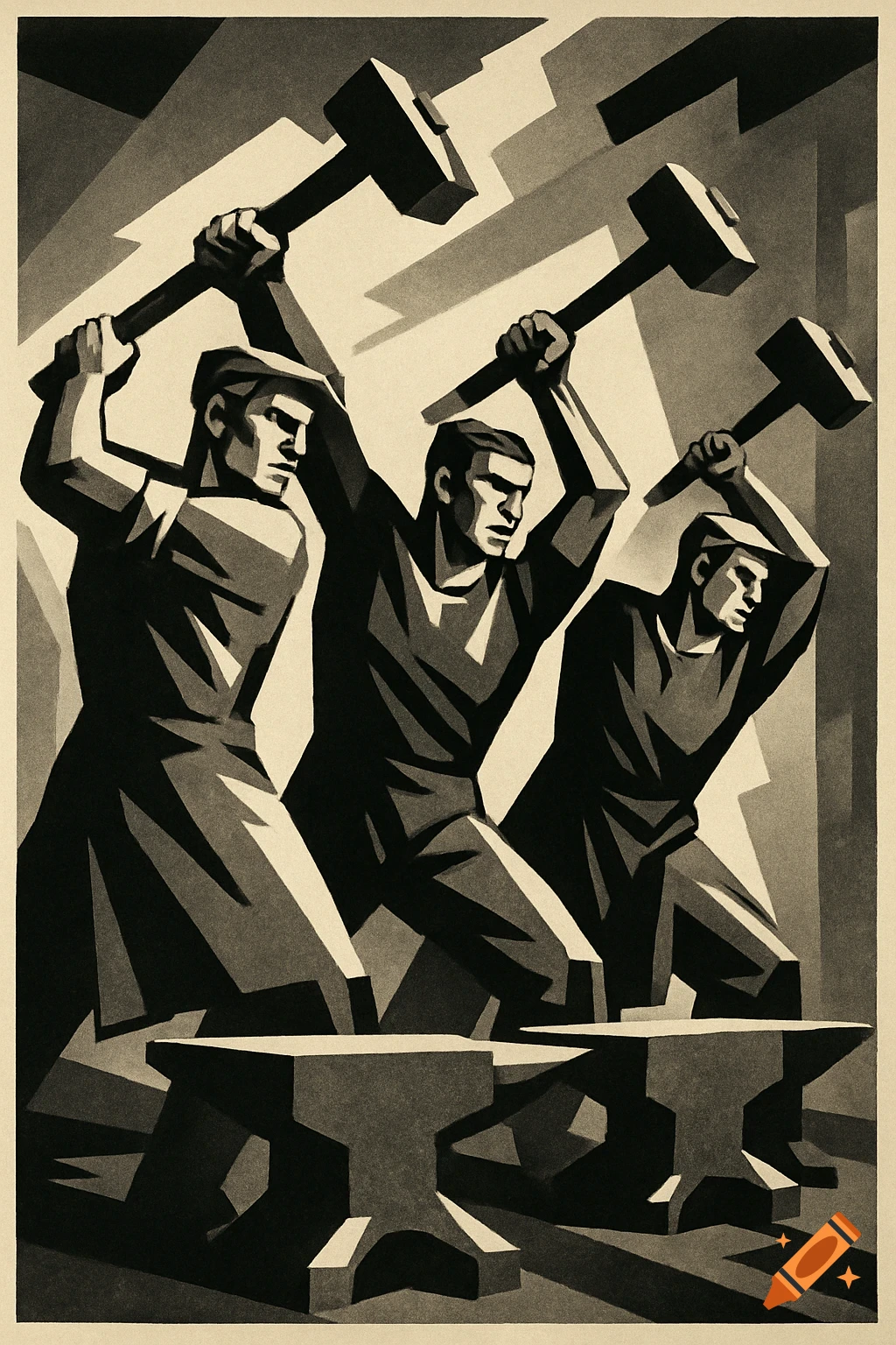 Three stylized men in a Soviet Constructivism art style, raising hammers above anvils, depicted in black, white, and grey tones.