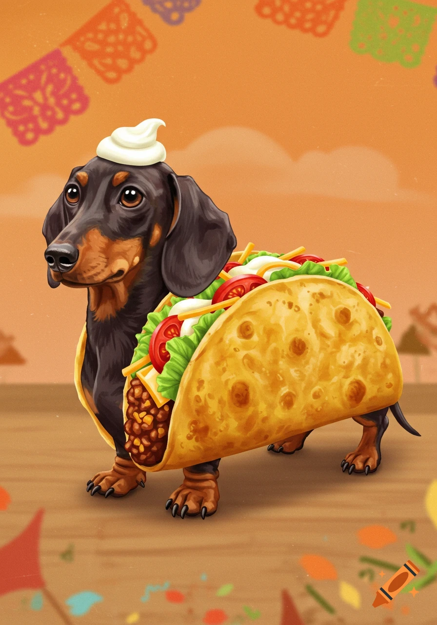 A cute dachshund dressed as a taco with sour cream on its head, standing on a decorated ground with papel picado banners.