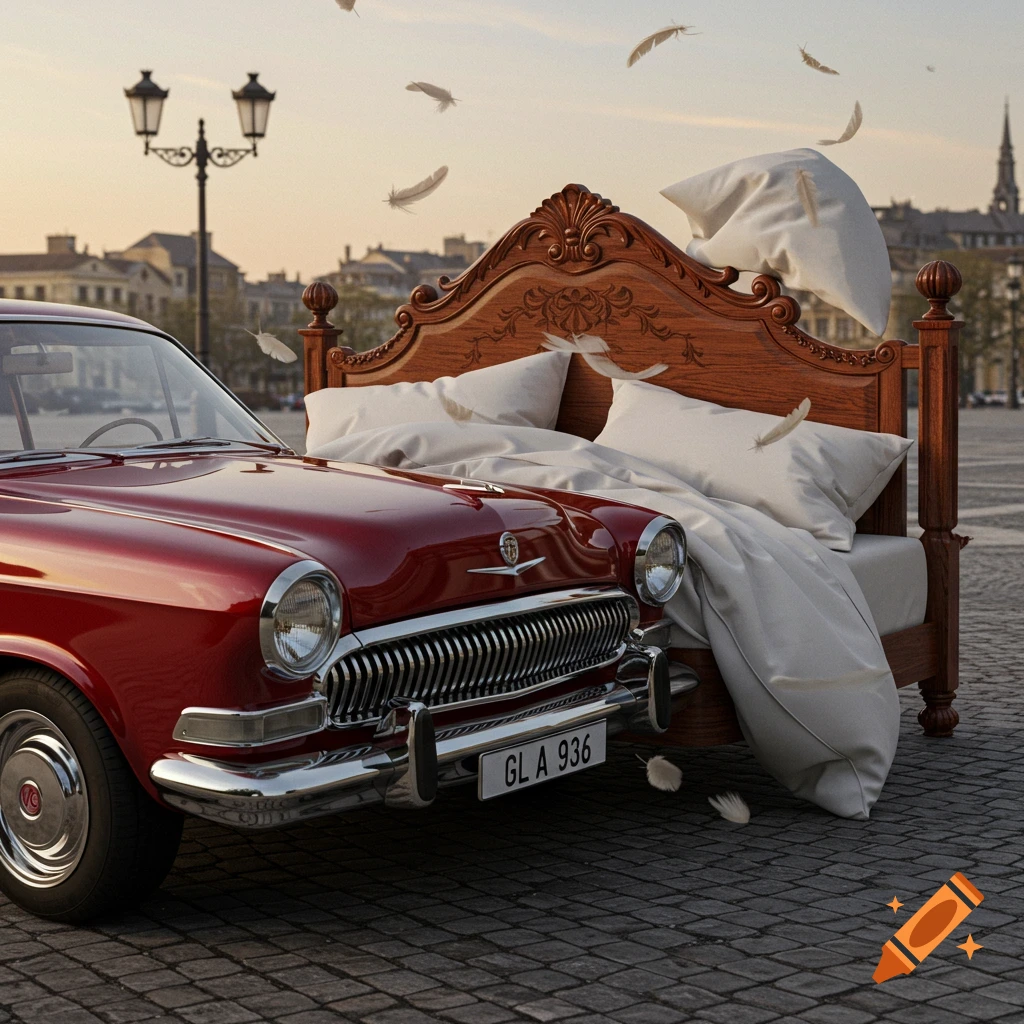 A photorealistic image of a vintage red car positioned next to a wooden bed with white bedding on a cobbled street, with feathers floating around.