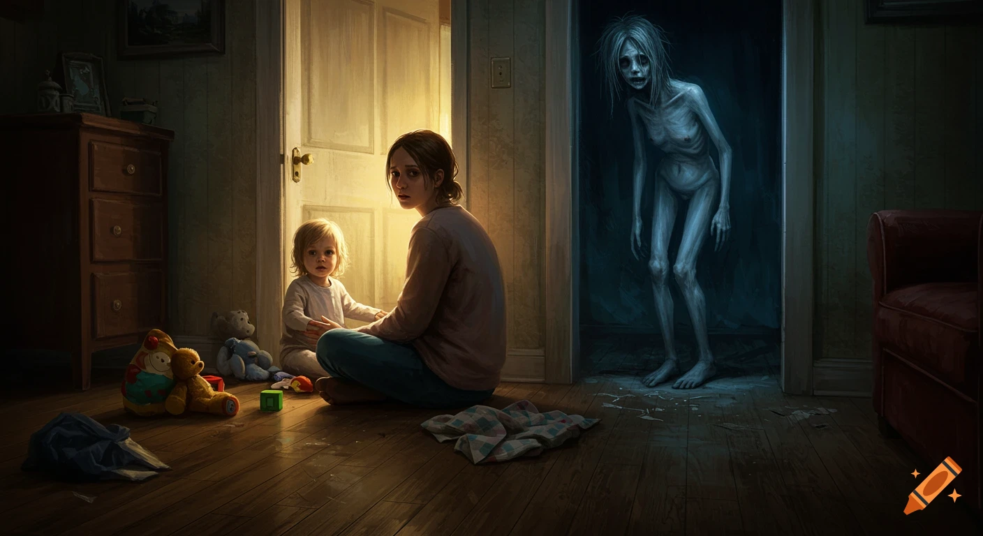 An oil painting of a mother and child in a warmly lit room, with a gaunt, spectral figure standing in a dark doorway behind them.