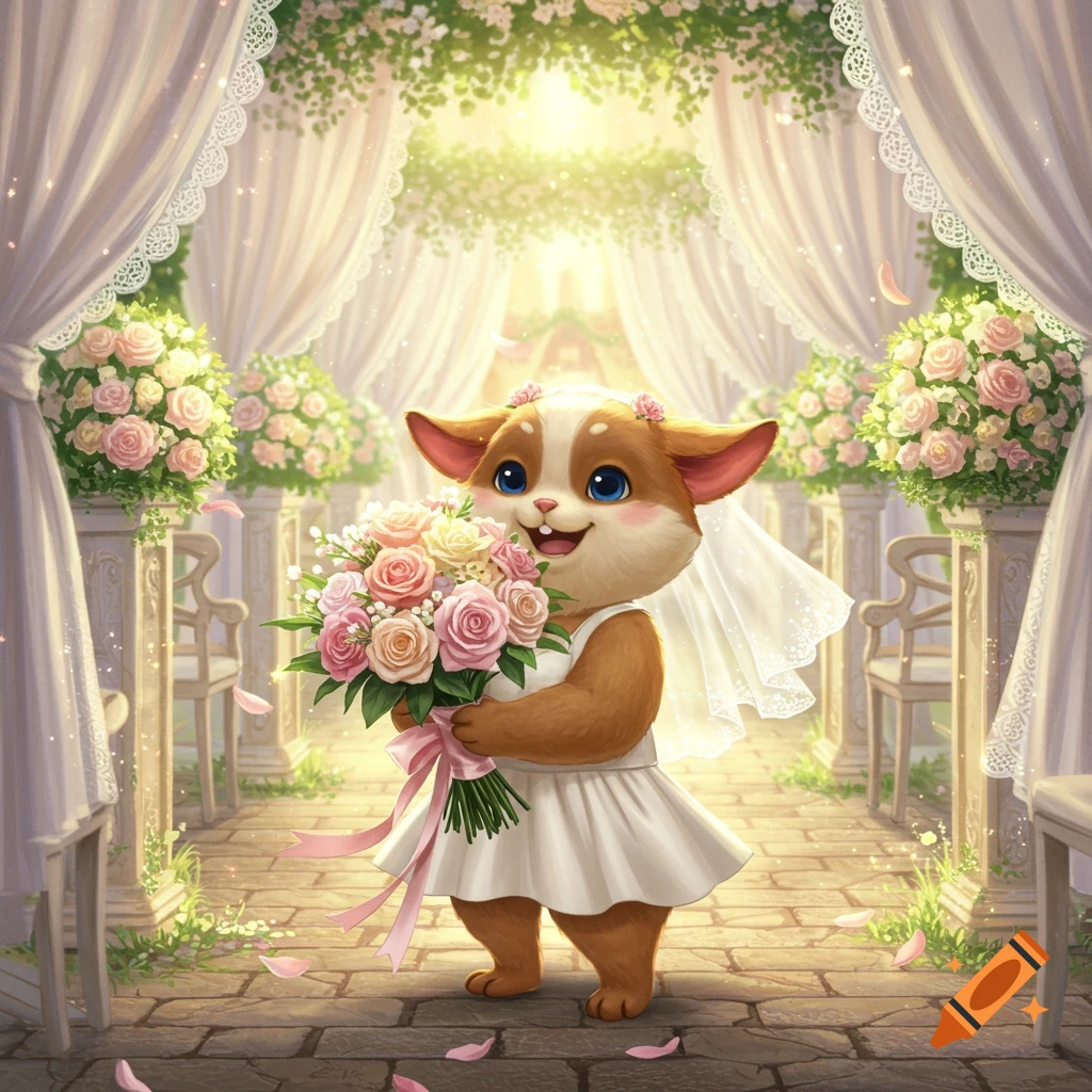 A cute, smiling creature in a white wedding dress and veil stands in a wedding aisle, holding a large pink rose bouquet.