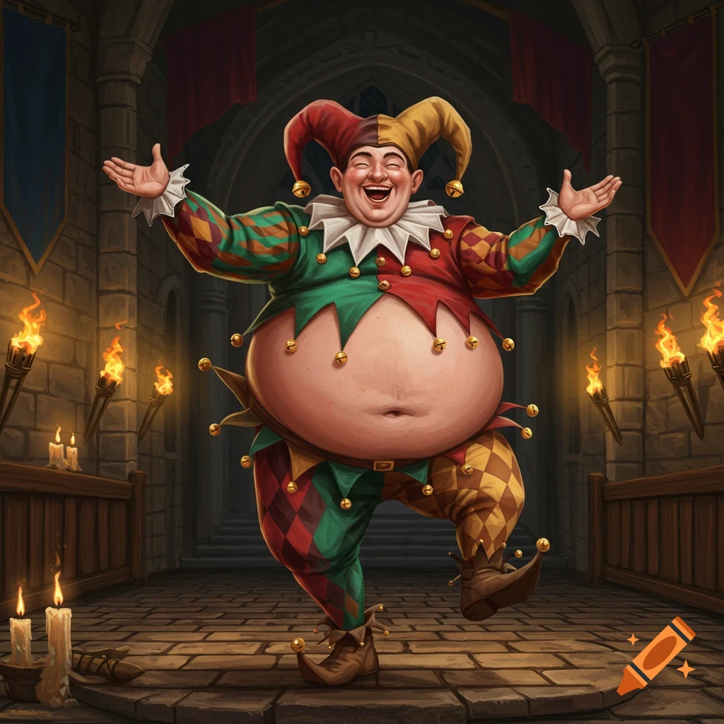 A portly jester in a colorful harlequin outfit with a large belly stands in a medieval castle hall, laughing and gesturing.