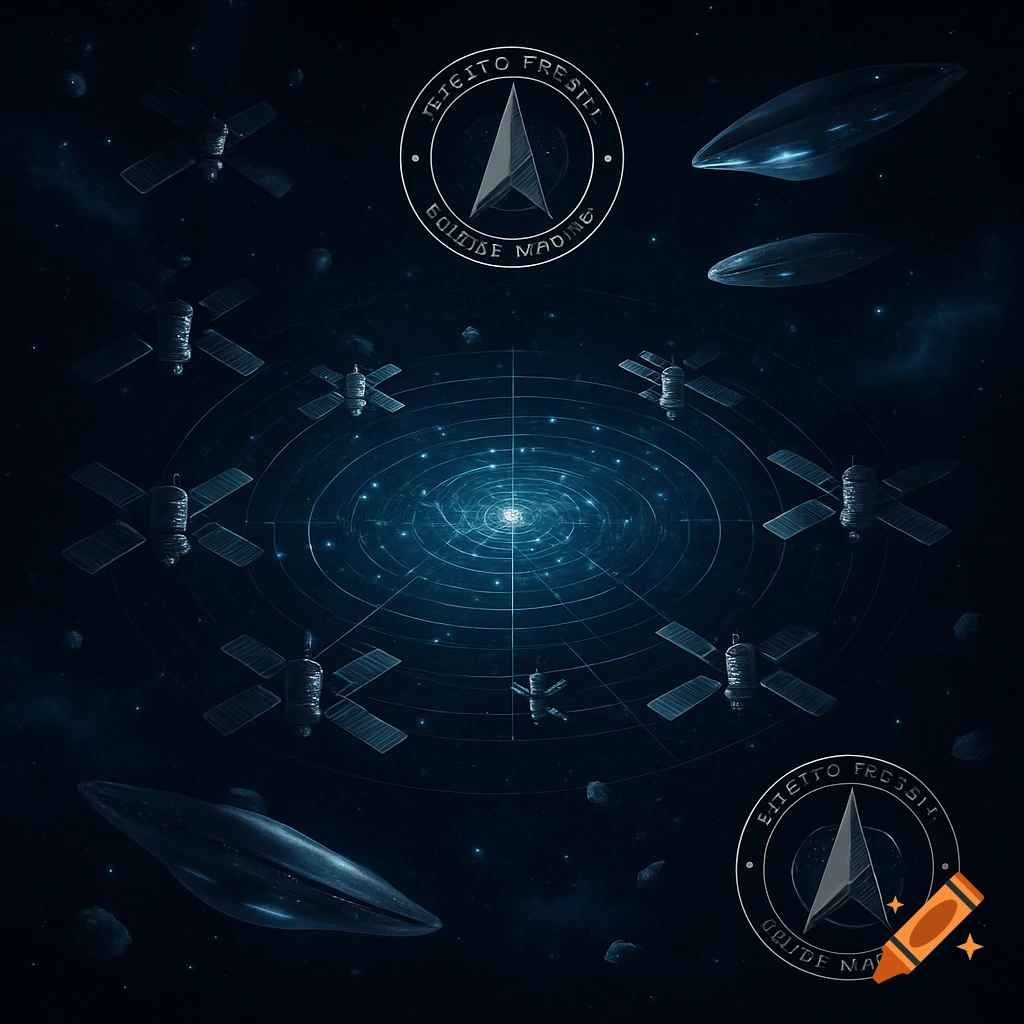 A dark blue space scene featuring satellites orbiting a glowing central energy spiral, with two logos, sleek spacecraft, and asteroids.
