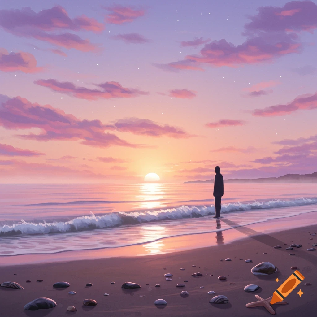 A lone figure stands on a beach watching a vibrant pink and orange sunset over the ocean, with waves gently rolling onto the shore in a digital art style.