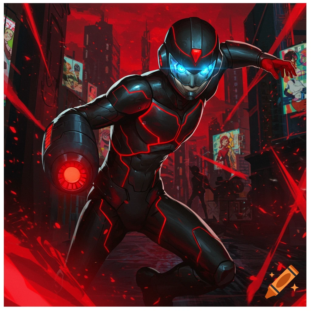 A dark, armored robot with glowing blue eyes and red neon accents lunges forward in a futuristic red city.