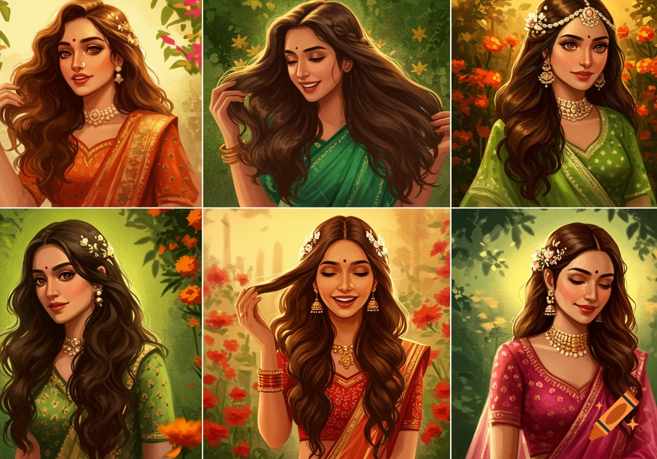 Six stylized illustrations of Indian women with long wavy hair in traditional attire amidst flowers.