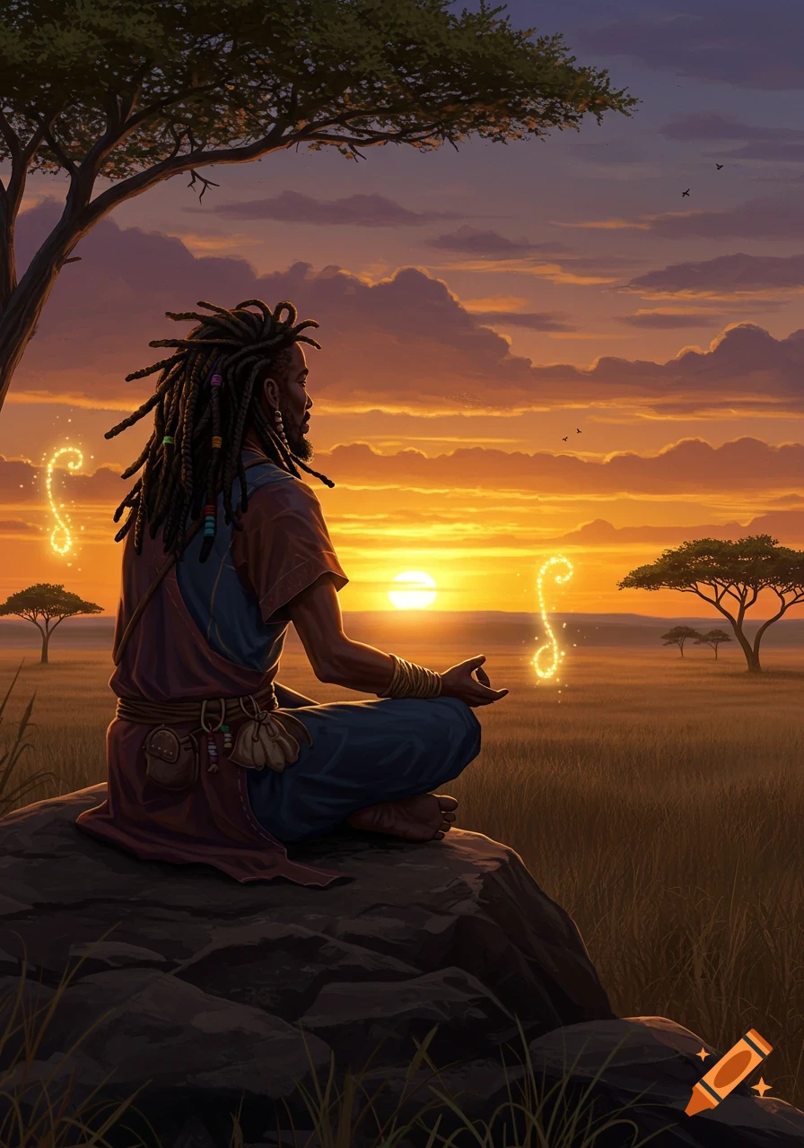 A man with dreadlocks sits in meditation on a rock in an African savanna at sunset, with glowing magical symbols floating beside him.