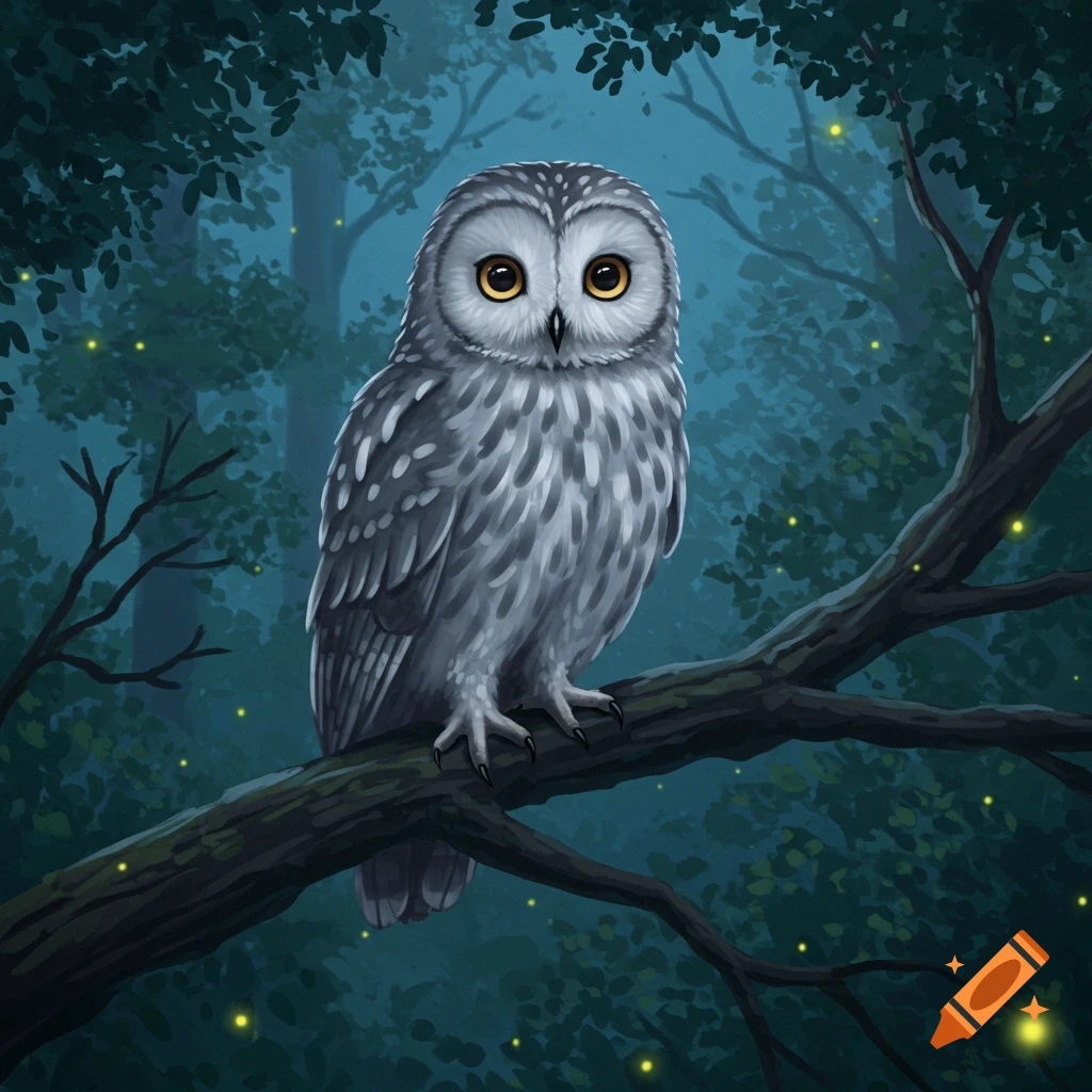 An illustration of a gray and white owl with glowing yellow eyes perched on a branch in a dark forest with fireflies.