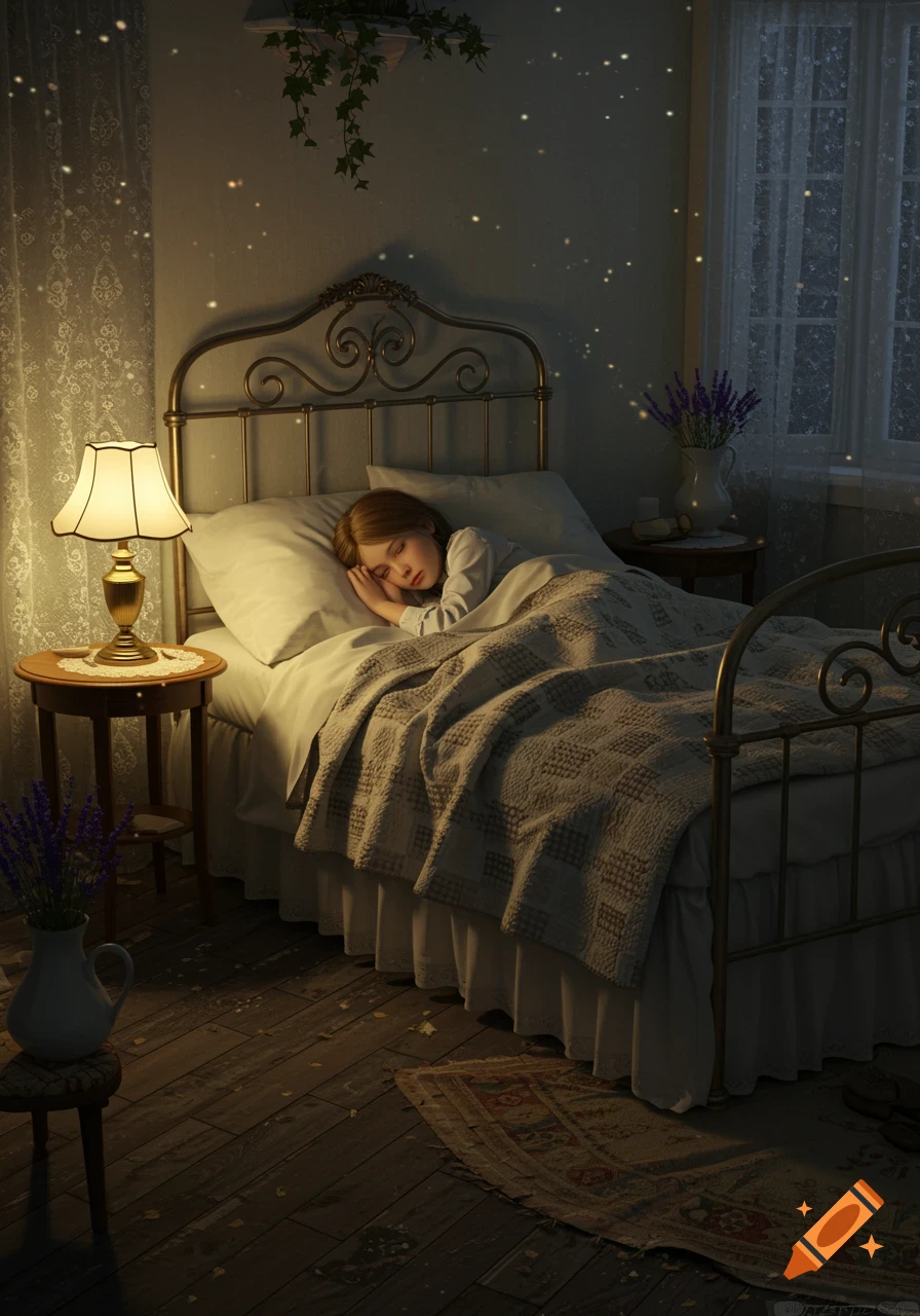 A photorealistic image of a young girl sleeping peacefully in a dimly lit bedroom, with a glowing lamp and sparkling dust motes.