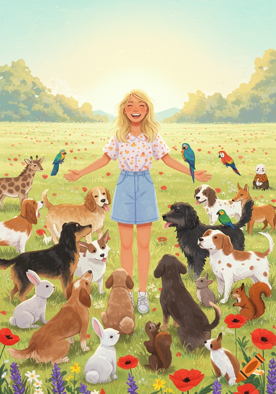 A cheerful blonde woman stands in a sunny, flower-filled meadow, surrounded by many happy dogs, rabbits, birds, and other animals in a whimsical illustration.