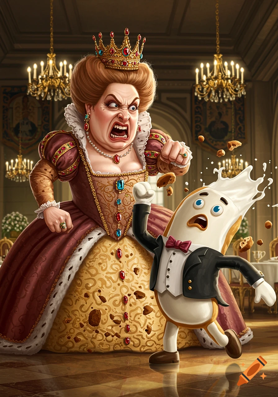 An angry, cartoonish queen in a grand dress punches a surprised milk-and-cookies butler, spilling milk and cookies in a fancy hall.