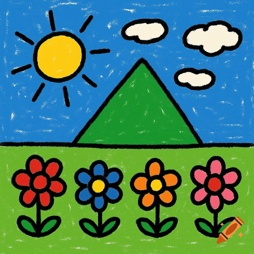A vibrant, crayon-style drawing of a sunny landscape with a green mountain and four colorful flowers.