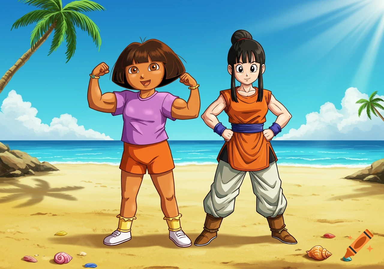 Dora the Explorer and Chi-Chi from Dragon Ball Z flex their muscles on a sunny beach in a cartoon style.