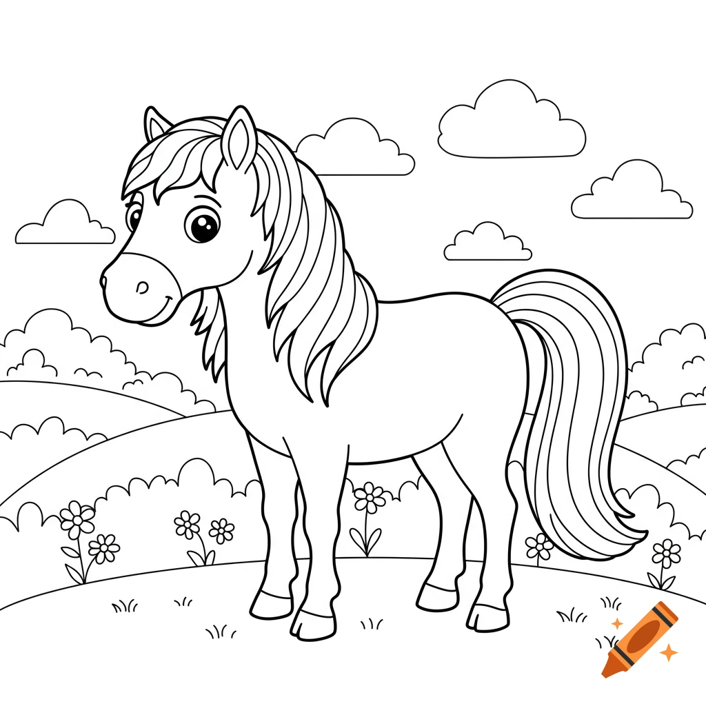 Black and white line art of a cartoon horse standing in a field with hills, flowers, and clouds, designed as a coloring page.