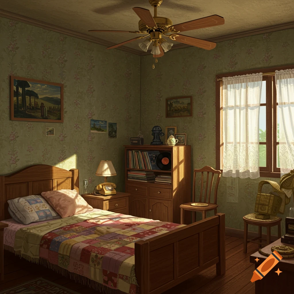 A vintage 1980s-style bedroom with a wooden bed, patchwork quilt, old telephone, record shelf, and sunlit window.