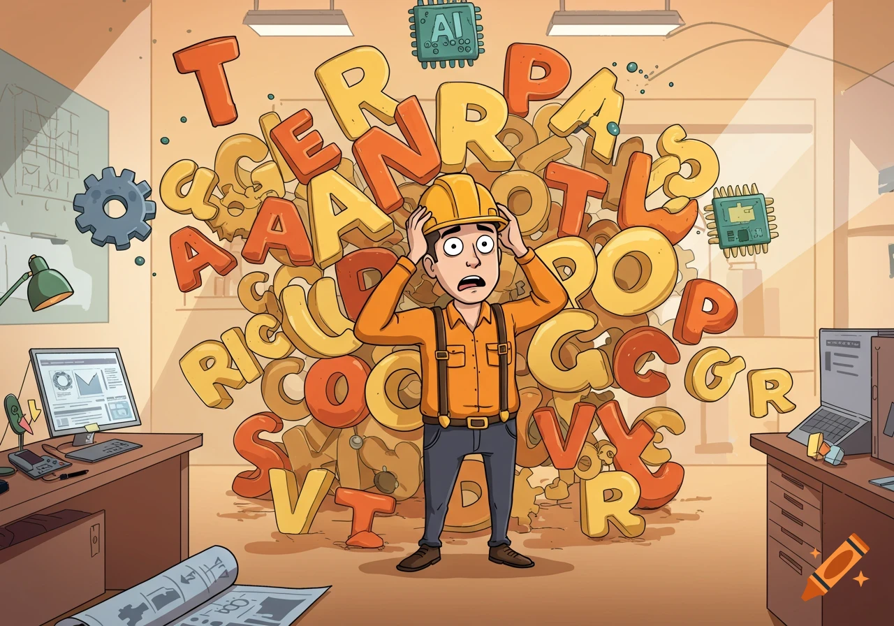 A cartoon engineer in an office looks overwhelmed and confused by a chaotic pile of large, colorful letters surrounding him, with an 'AI' chip floating above.